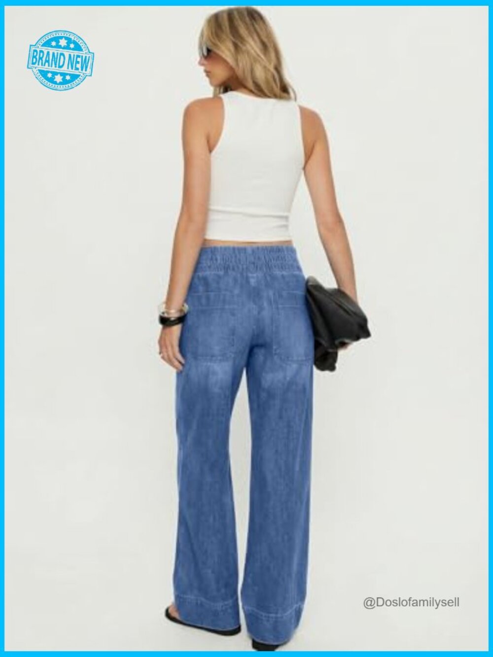 Wide Leg Jeans Soft Baggy Low Rise Elastic Waist Pull On Denim Pants Y2K - Picture 6 of 7